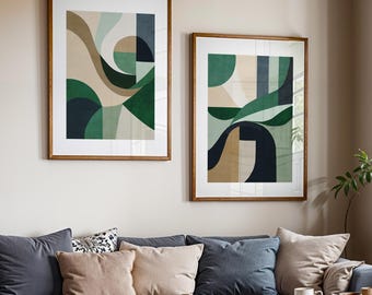 Set of 2 Contemporary Elegance Abstract Organic Shapes Artworks: Green Tones & Beige