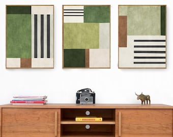 Set of 3 Green Tones Modern Geometric Abstract Canvas Art | Living Rooms, Bedrooms, Offices