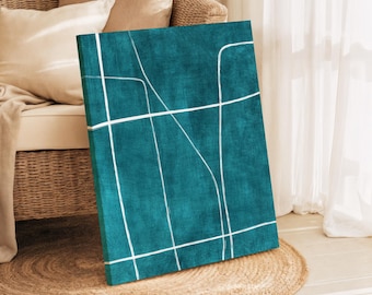 Rich Teal Green White Lines Minimalist Abstract Artwork: Patina Blue Wall Art