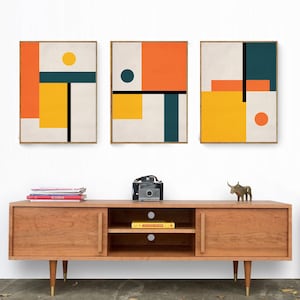 Set of 3 Geometric Wall Art, Trendy Colors, Orange Yellow Green, Bauhaus Style Geometric Original Art