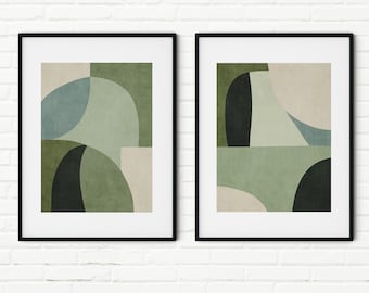 Muted Green Beige Tones Rounded Shapes Print Set : Modern Minimalist Interiors Canvas Art