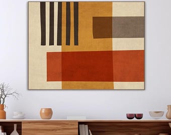 Modern Bold Abstract Canvas Wall Art, Mid-Century Print Red Mustard Brown Black