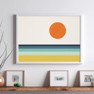 シンプルなミニマリストの抽象風景画プリント オレンジ色の太陽 上品な