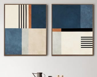 Elegant Abstract Geometric Art Print Set of Two: Minimalist Design Navy Beige Orange