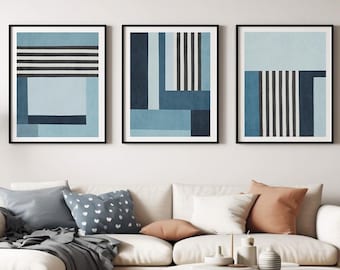 Triptych in Shades of Blue and Black & White Stripes | Geometric Harmony Art Set