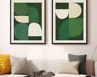 Green Geometric Abstract Mid-Century Modern Art Prints Set of 2