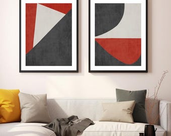 Red Gray Off-White Abstract Minimalist Geometric Set: Elegant Office Decor Prints