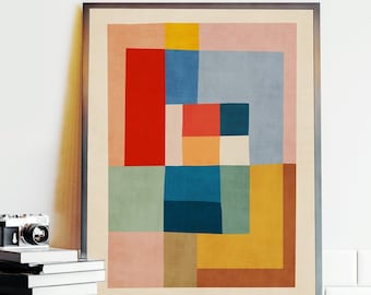 Nowoczesny, kolorowy wydruk artystyczny z połowy XX wieku, geometryczne malowanie z twardą krawędzią
