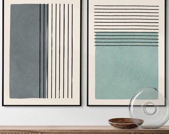 Conjunto de 2 quadros abstratos minimalistas originais em tons de cinza e azul claro/verde, com estampas elegantes e minimalistas para decoração de parede de escritório.