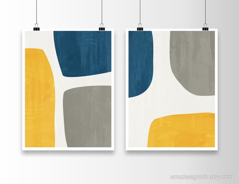 Yellow & Blue Abstract Wall Art Set 2 Prints / Gray Navy Mustard ...