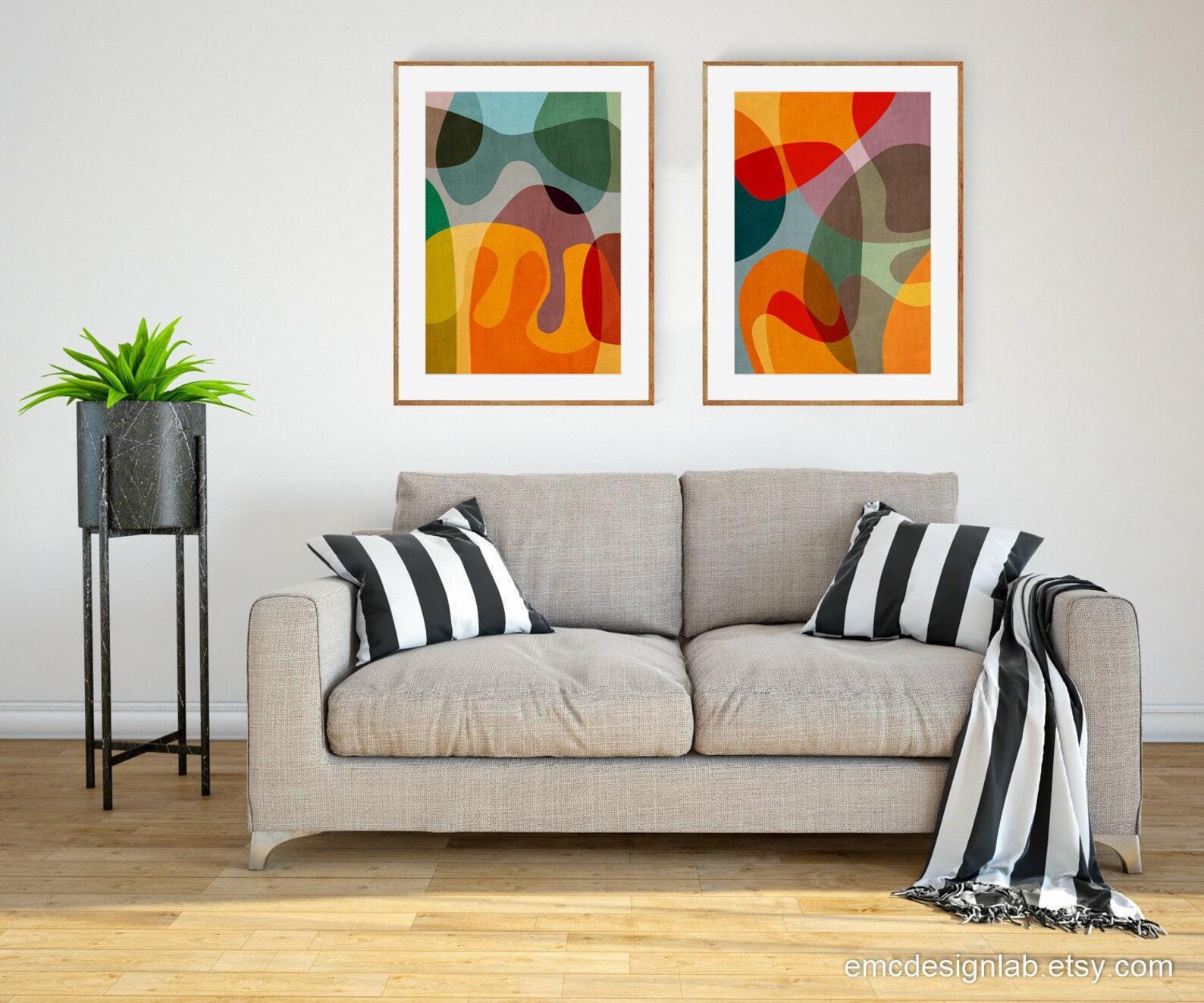 Abstract Colorful Modern Set of 2 Prints, Mid-century Modern Wall Art ...
