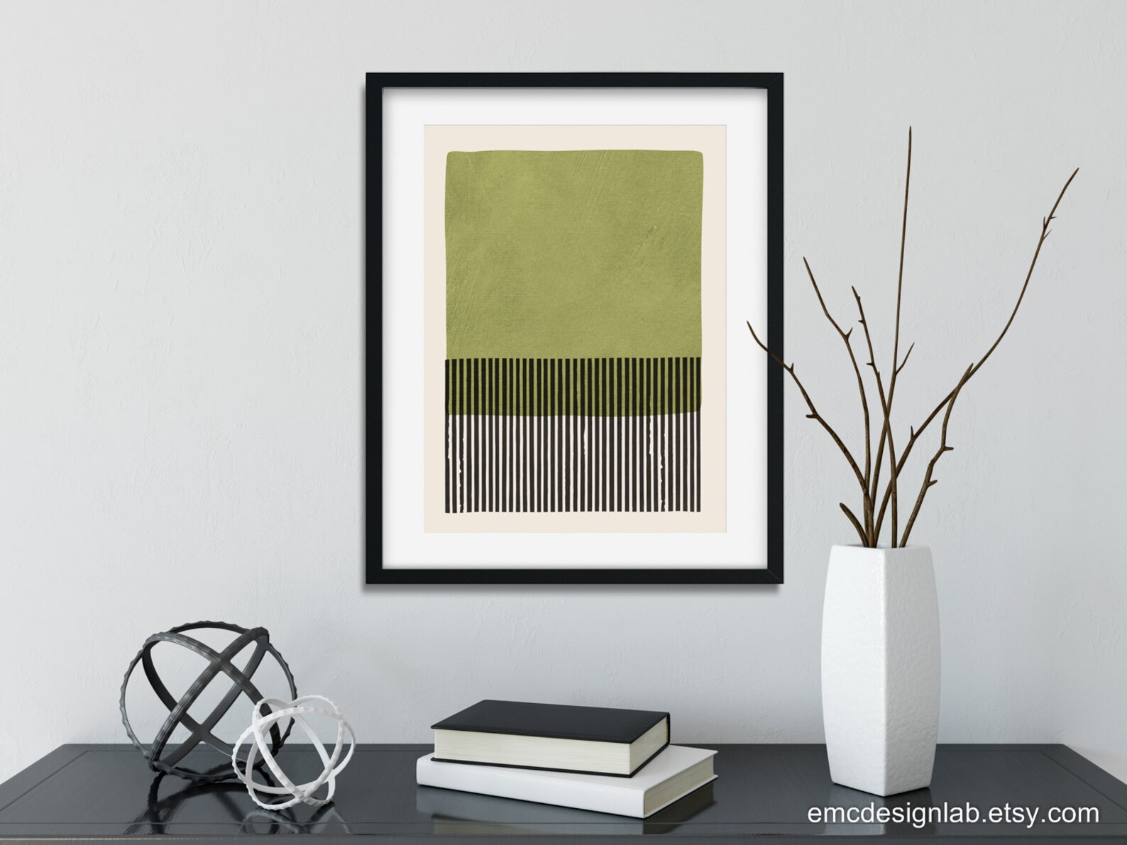 Green Black Wall Art Bold Black Lines Print Original Green Etsy