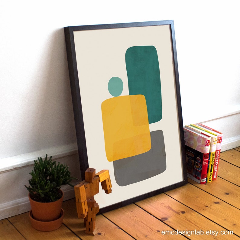 Abstract Wall Art MCM Modern Prints Living Room Teal Mustard - Etsy