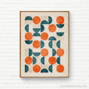 Modern Print Orange Teal Geometric Artwork, Orange Circles Teal Semicircles Wall Art, Kitchen Wall Art, Kitchen Art Prints, Rich Colors Art