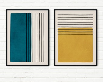 Minimalistische abstracte kunstset, turquoise mosterdgeel, moderne decoratie, galerijwand voor de woonkamer