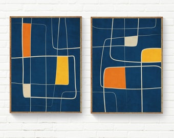 Dark Blue Abstract Art Set of 2 Prints Yellow Orange Beige Line Art Digital Painting Unique Decor