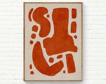 Burnt Orange Abstract Wall Art, Digital Painting Beige Orange Wall Art, Minimalist Organic Shapes Print