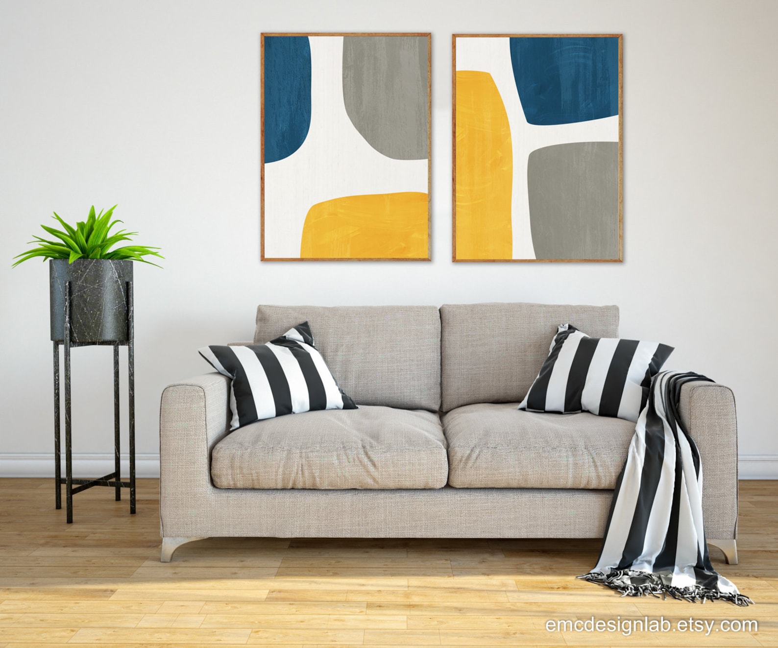 Yellow & Blue Abstract Wall Art Set 2 Prints / Gray Navy Mustard ...