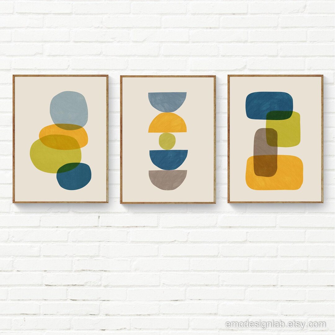 Set of 3 Modern Abstract Art Prints Original Artworks Navy Green ...
