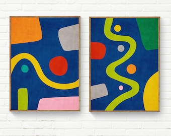 Vibrant Colorful Shapes Art Set Blue Background Canvas Wall Art Print Matte Paper Nursery Art