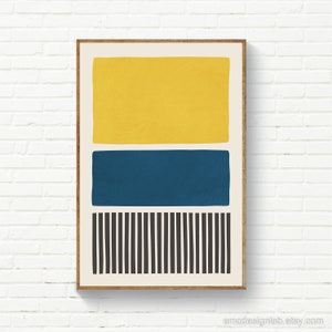 Blue & Mustard Wall Art, Black and White Stripes, Mid-Century Minimalist Saffron Navy Poster, Modern Living Room Original Art