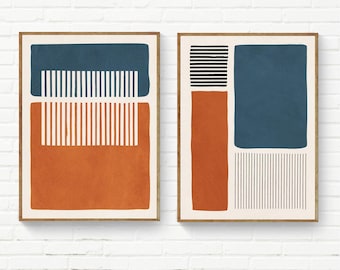 Navy & Burnt Orange Abstract Art Print Set Modern Abstract Navy Blue Black White Terra Wall Art Living Room Office Bedroom Prints