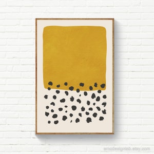 Impresión de arte mural en color mostaza, pintura de puntos negros, arte mural moderno imprimible, decoración abstracta minimalista, impresiones decorativas en color azafrán, ocre y amarillo