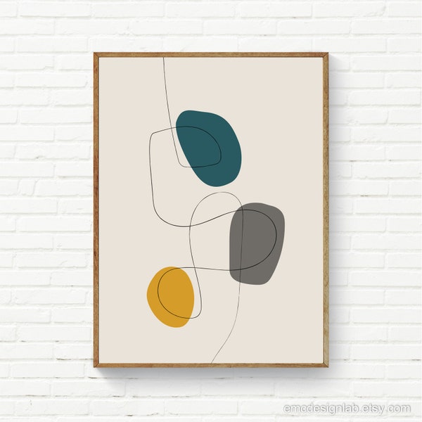 Teal Gray Mustard Line Art Print, Line Art Minimalist Print, Abstract Minimalist Art, Mid-Century Modern Prints, Trendy Home Decor