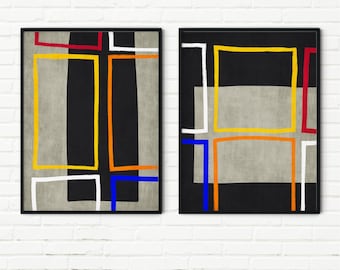 Abstract Color Block Beige Black Unique Decor - Set of 2 Bold Original Canvas Art
