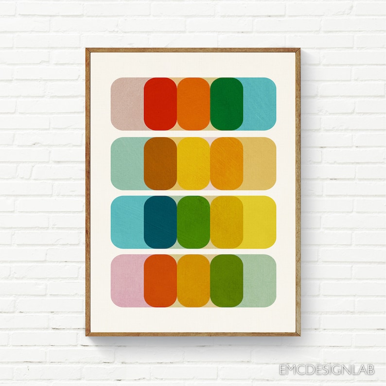 Abstract Mid Century Print Minimalist Modern Wall Art Abstract Geometric Artwork, Blue Red Orange Yellow Print image 1