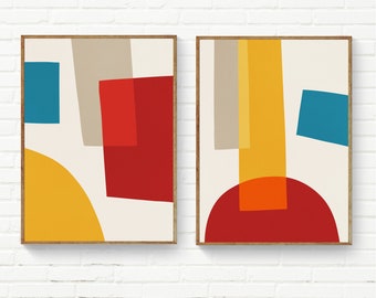 Geometric Abstract Artworks Set of 2 Art Prints Yellow Blue Red Beige Modern Posters