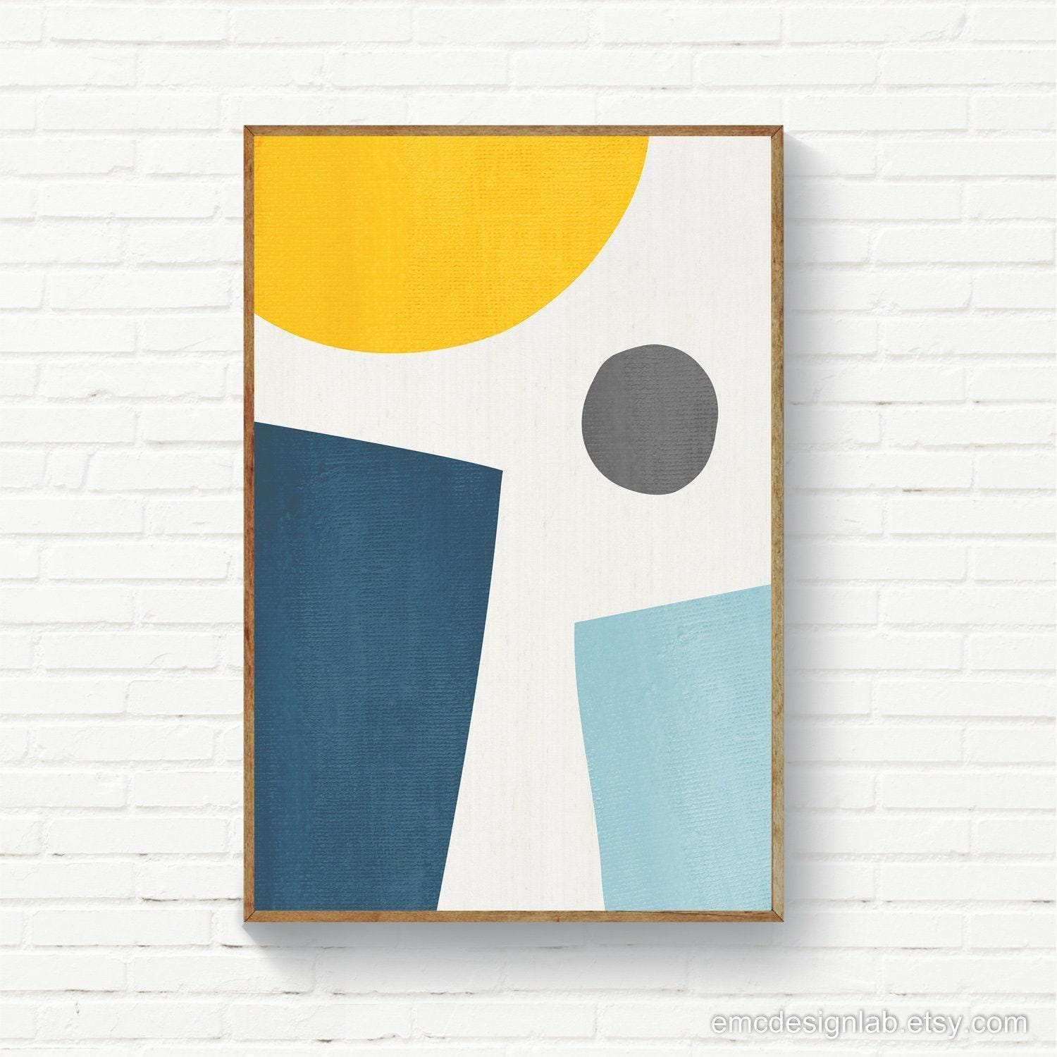 Abstract Original Artwork Print, Navy Yellow Gray Baby Blue
