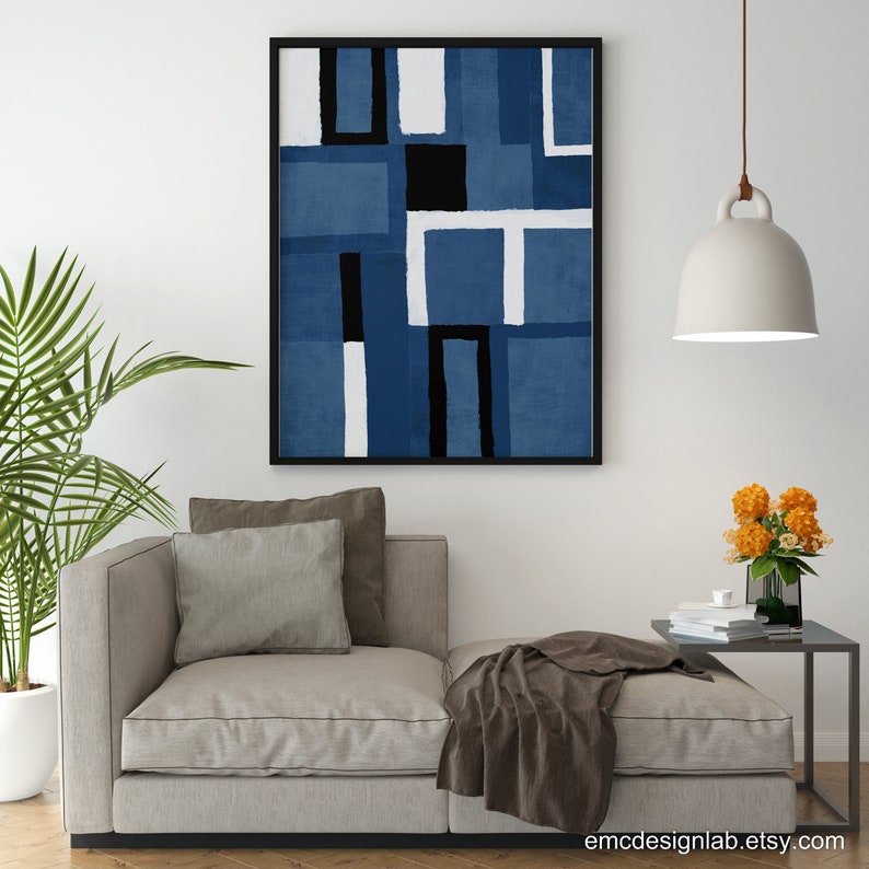 May include: Abstract geometric art print with a blue, black, and white color scheme. The print features a variety of rectangular shapes arranged in a modern and stylish design.