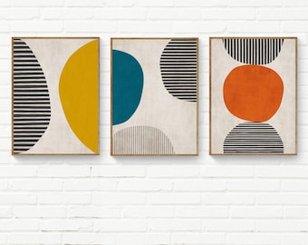Set of 3 Mustard Teal Orange Wall Art Prints, Set of 3 Minimalist Bold Design, Black Lines Trendy Colors Original Print Set