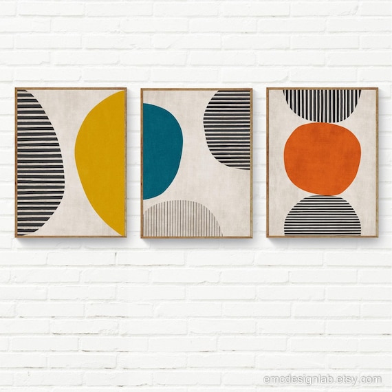 Set of 3 Mustard Teal Orange Wall Art Prints, Set of 3 Minimalist