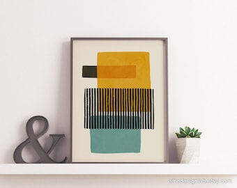 Abstract Teal Gray Yellow Wall Art, Mustard Light Teal Black Stripes, Bold Contemporary Art, Abstract Shapes Print