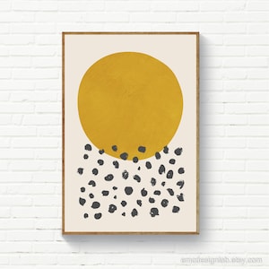 Minimalist Mustard Wall Decor Print, Black Dots & Mustard Circle Wall Art, Yellow Ochre Prints, Minimalist Graphic Digital Artwork