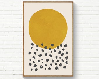 Impressão de decoração de parede minimalista em mostarda, arte de parede com bolinhas pretas e círculos em mostarda, impressões em ocre amarelo, arte digital gráfica minimalista