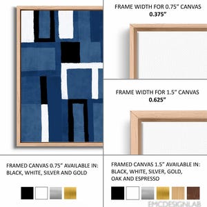 May include: Abstract geometric art print in shades of blue, white, and black. The print is framed in a natural wood frame. The frame is available in 0.75 inches and 1.5 inches. The frame is available in black, white, silver, gold, oak, and espresso.