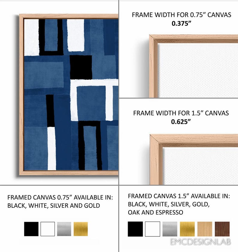 May include: Abstract geometric art print in shades of blue, white, and black. The print is framed in a natural wood frame. The frame is available in 0.75 inches and 1.5 inches. The frame is available in black, white, silver, gold, oak, and espresso.