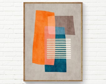 Orange Beige Dark Teal White Artwork / Contemporary Abstract Wall Art Print / Original Orange Petrol Beige Living Room Digital Painting