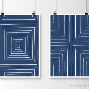 Blue & White Set of 2 Prints / Original Abstract Geometrical Lines ...