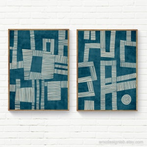 Dark Teal Rich Texture Abstract Art Print Set / Original Petrol Blue Digital Linocut Set of 2 Prints