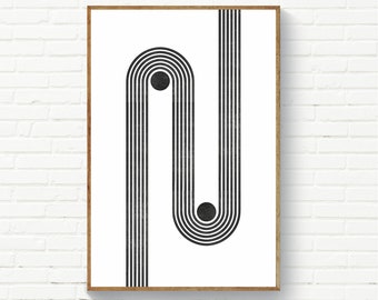 Schwarzweiße digitale Holzschnittgrafik, minimalistische Linien schwarze Kreise Poster, Wandkunst in kundenspezifischen Größen erhältlich