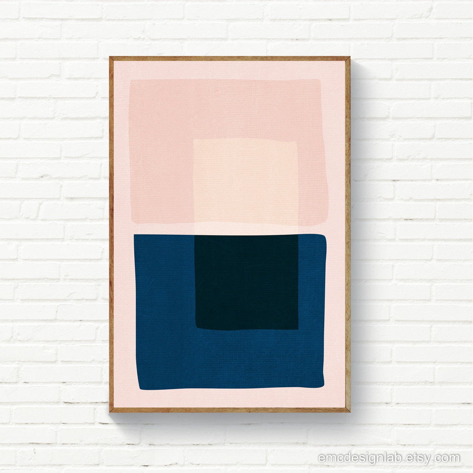 Pink & Navy Wall Art Original Print Blush Blue Midcentury Etsy