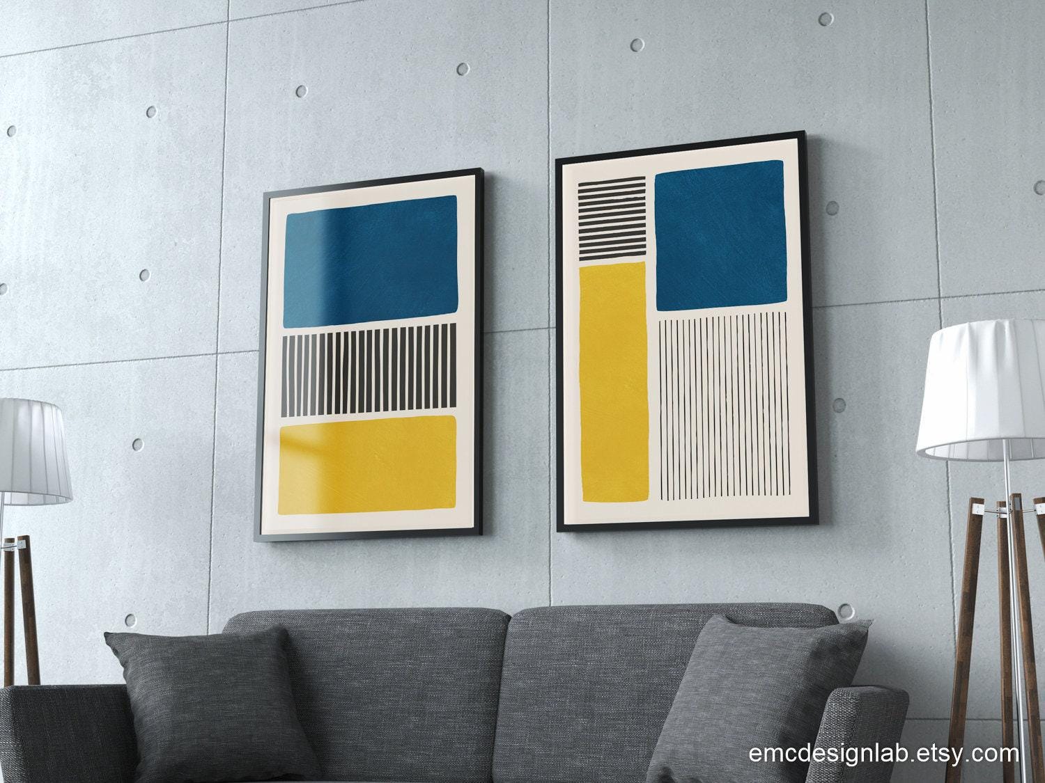 Yellow & Blue Set of 2 Prints, Original Color Block Bold Black Lines ...
