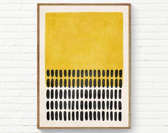 Stampa artistica astratta audace con puntini gialli e neri, ricca trama, arte murale minimalista giallo dorato, semplice, speciale ed esclusiva
