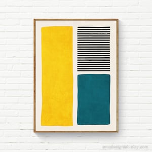 Teal & Yellow Color Block Abstract Wall Art Print Black Bold Lines Rich Texture Living Room Artwork