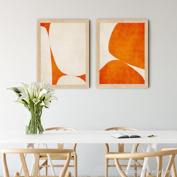 Deep Orange off White Organic Shapes Abstract Art Print Set of 2