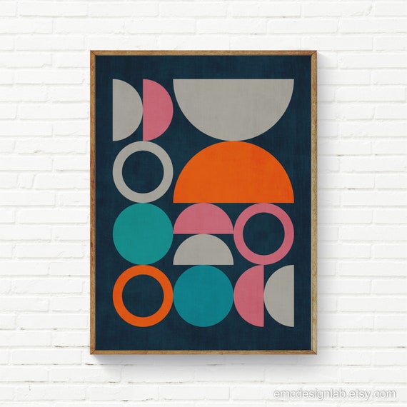 Geometrische Wandkunst in Orange Petrol Pink Navy, Bauhaus Stil Halbkreise  Modern Art Print, MCM Wall Art Poster